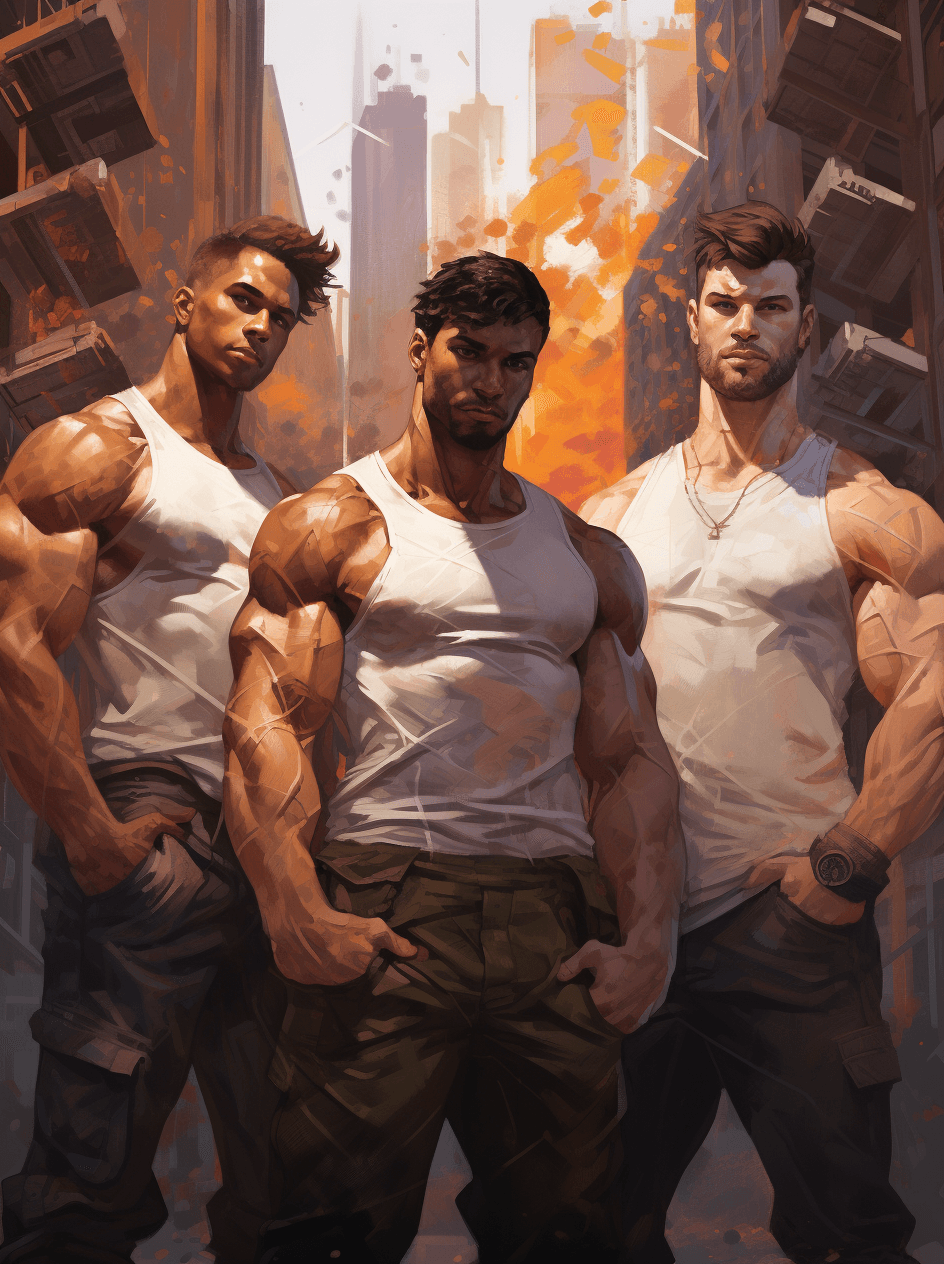 AI generated: Four men standing in front of a city looking like they are working out, in the style of devilcore, i...