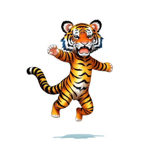 AI generated: color pencil drawing, colorful cartoon characters, a cute tiger baby with jumping posture, simple li...
