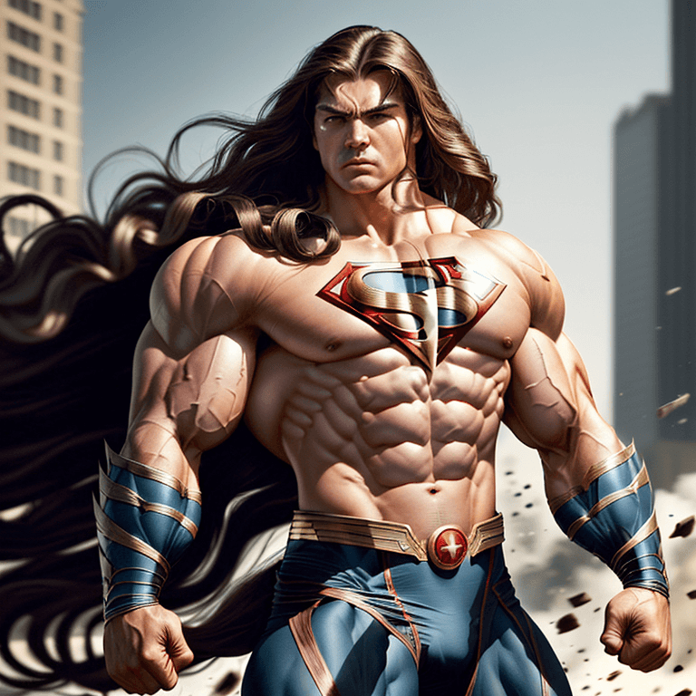 AI generated: a humanities last hope for freedom, strong, powerful, strong muscular, long flowing wavy retro hair,...