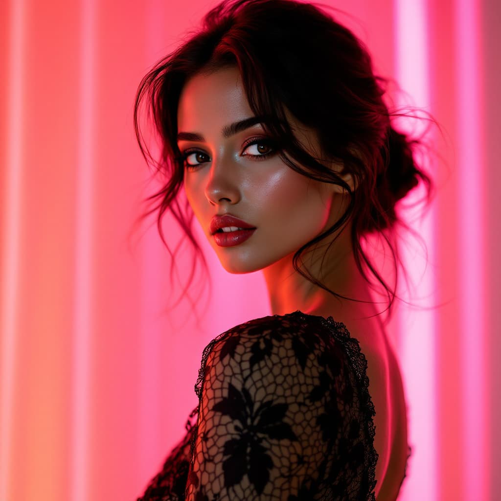 AI generated: digital art, fashion editorial, a close portrait of beautiful darkhaired woman is studio in fashiona...