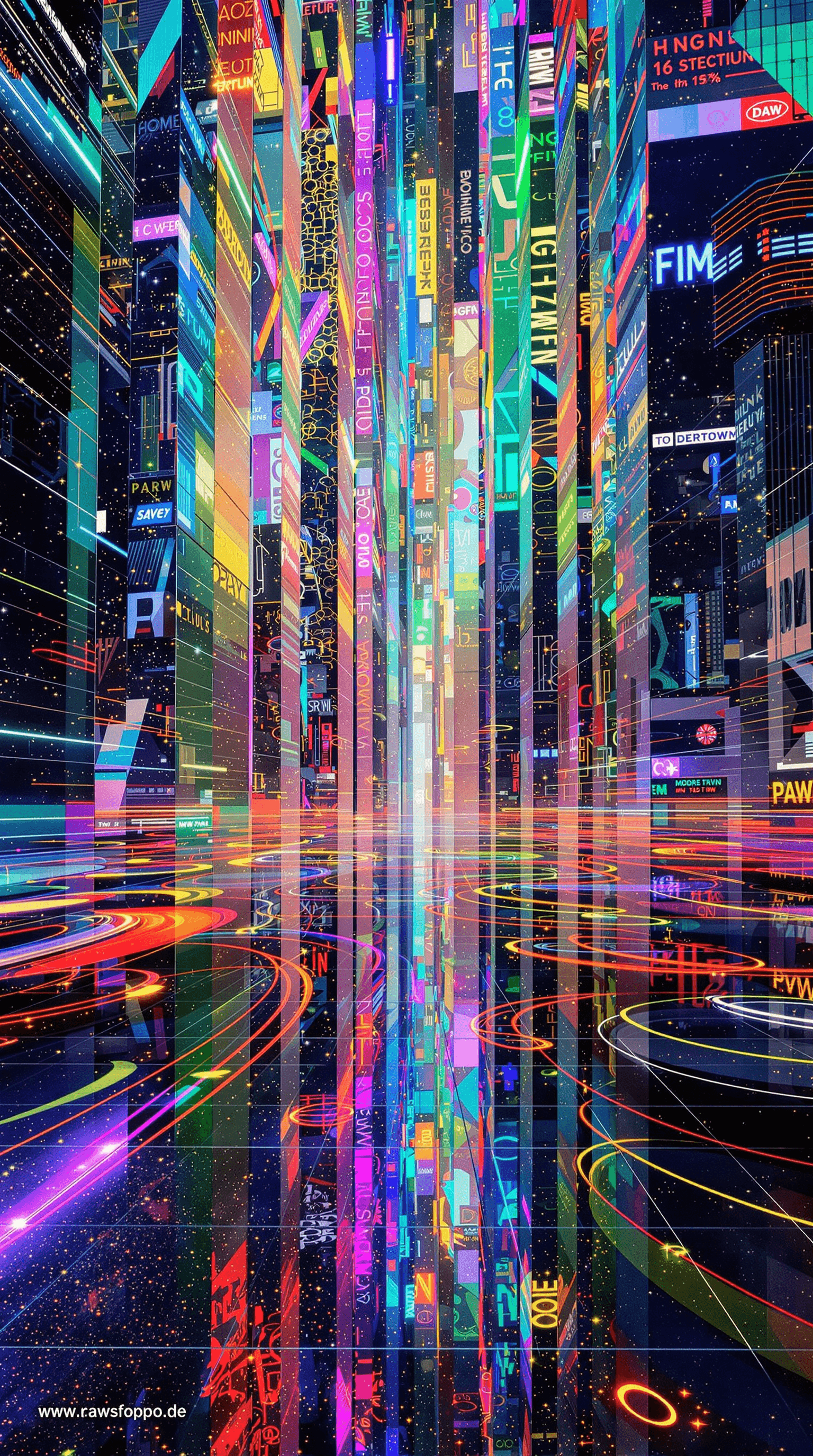 AI generated: surreal, reflective metropolis, colorful lights bounce off massive mirror facades, creating a hypnot...