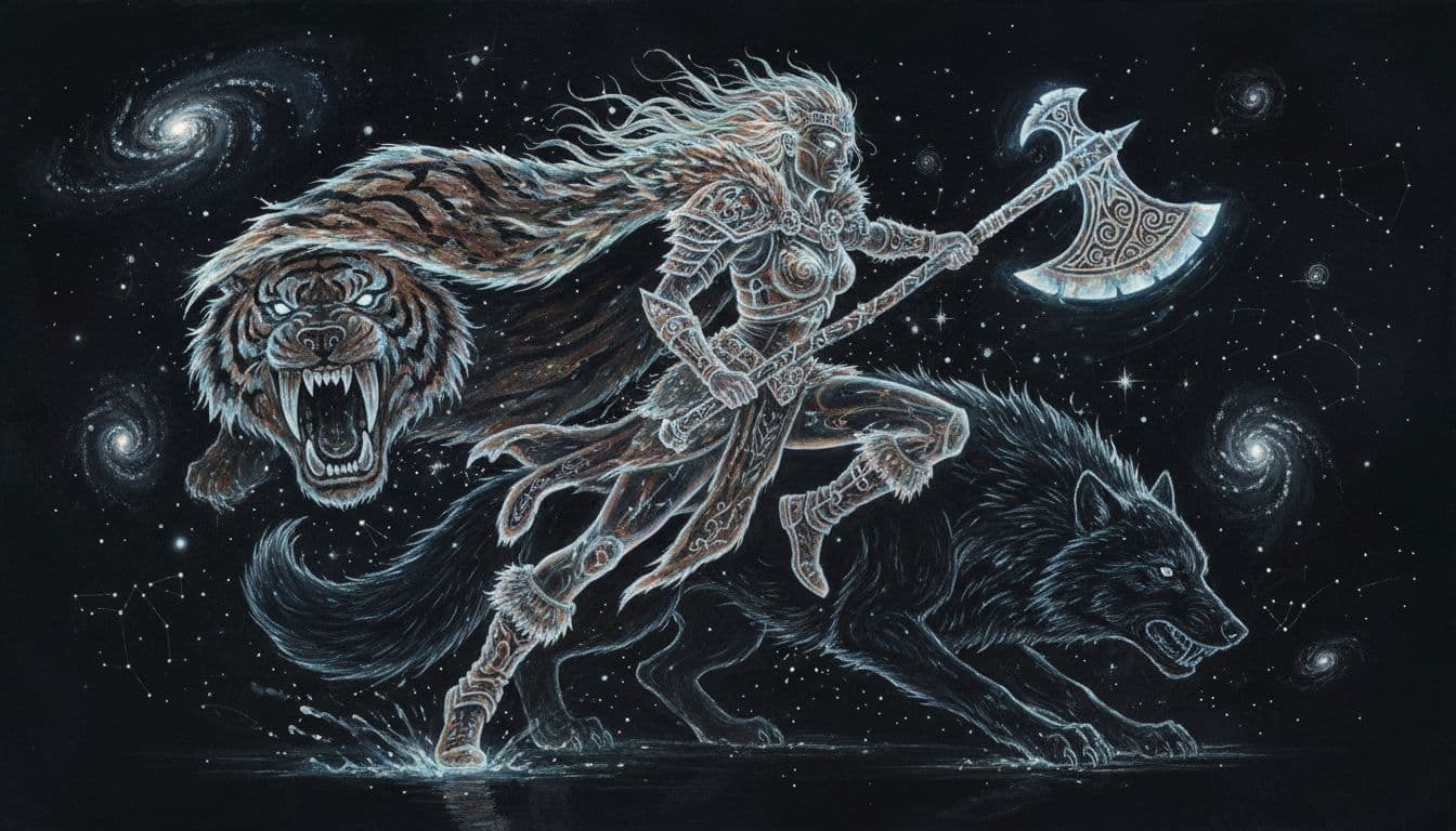 AI generated: Full-length masterpiece, ghostly phantasmal primordial stunning beautiful perfect female Viking form...
