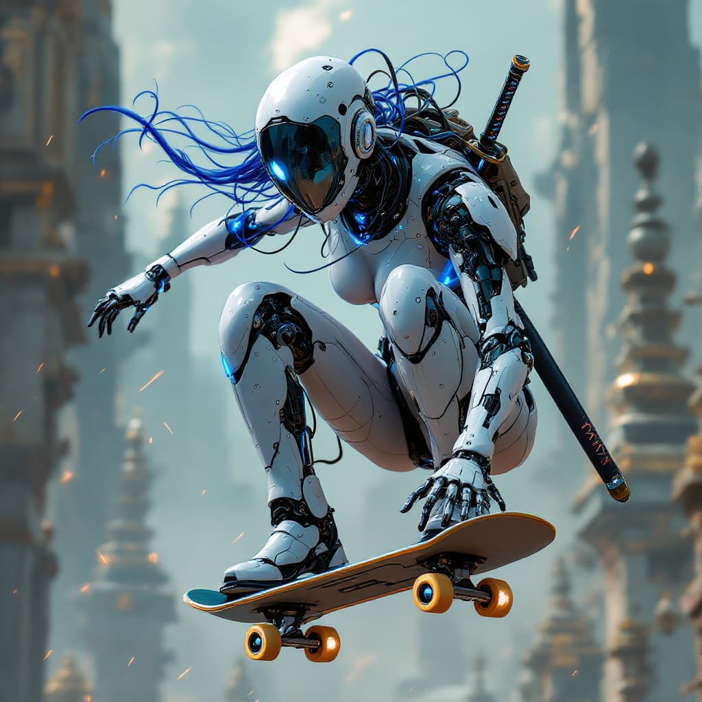 AI generated: in the style of ck-sfc, female cyberpunk sexy robot  skateboarding and jump, robot face with mirrore...