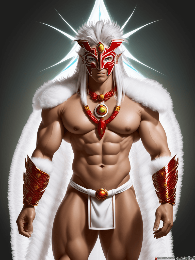 AI generated: Guilty from Saint Seiya, peruvian tanned complexion, big muscles and big thighs, white hair, in his ...
