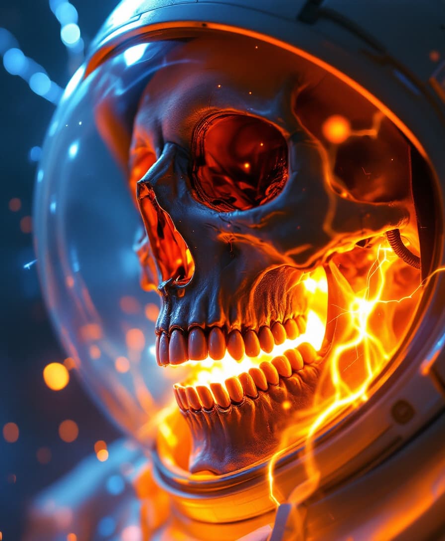 AI generated: astronaut open helmet, human skull, perfect teeth, lightning coming out of the open mouth, futuristi...