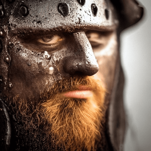 AI generated: Close-up of Viking King emerging from wet black mud :: Dark metal helmet with two large black horns ...