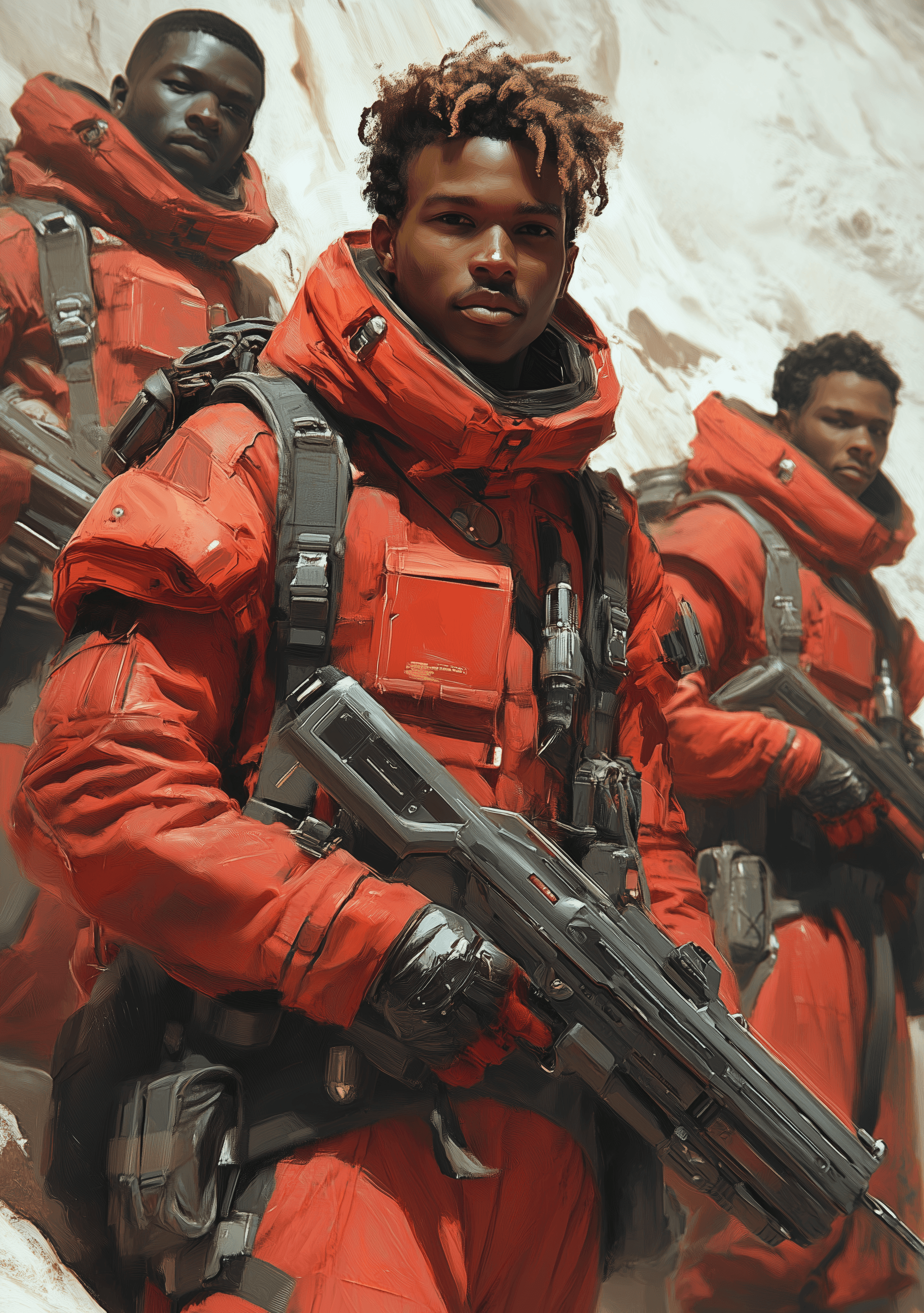 AI generated: A young African man in red futuristic armor is standing on top of an alien rock. He has two friends ...