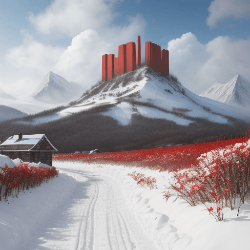 AI generated: Snow scenery, Snow road, blooming red lilies, two crumbled black towers in the distance, cloudy, no ...