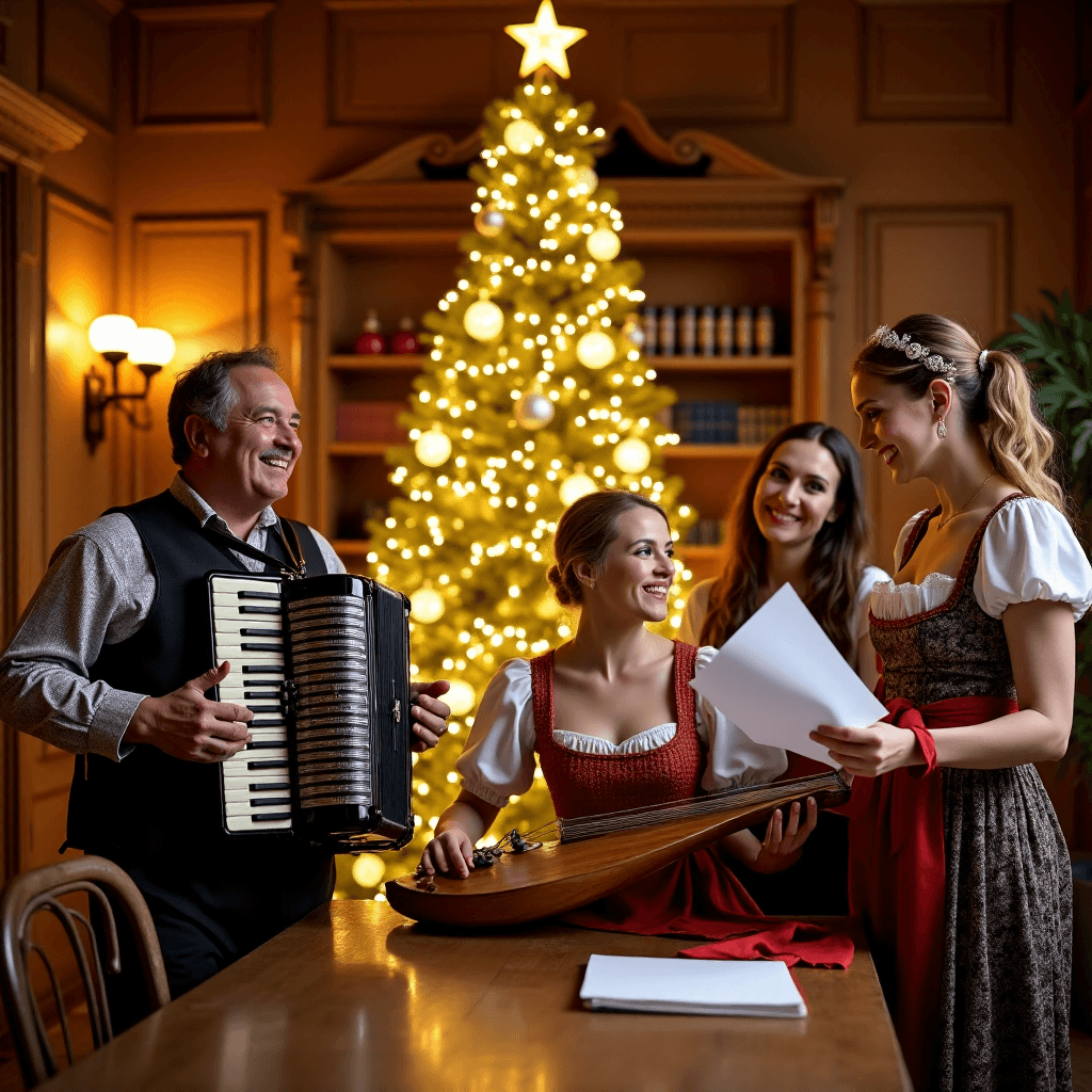 AI generated: A warm indoor scene in a traditional Alpine setting, featuring four people in front of a unique gold...