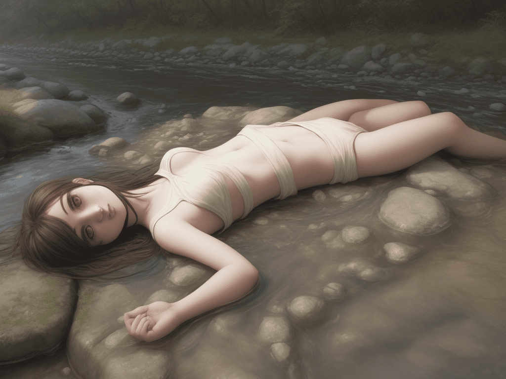 AI generated: a realistic girl lying near a river bed