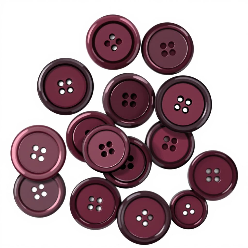 AI generated: A pile of round plastic buttons in a dark maroon color, in a clip art style with a white background....