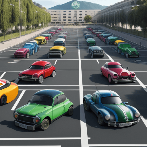AI generated: estacionamiento (grande) vehicular en una universidad de (colores verdes), carros (modernos de difer...