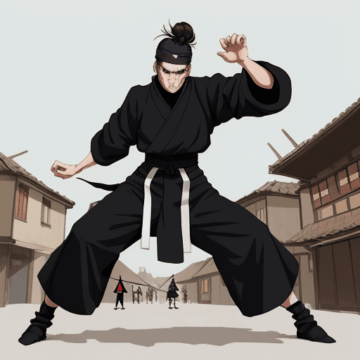 AI generated: bauhaus style clothe, big clothes, cool anime style, character, village center background, medieval,...