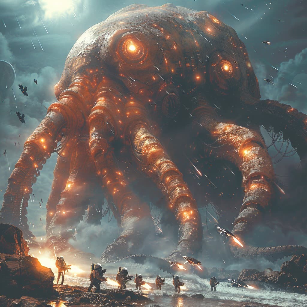 AI generated: A giant space monster that looks a little bit like a squid holding on to the moon while tiny space f...