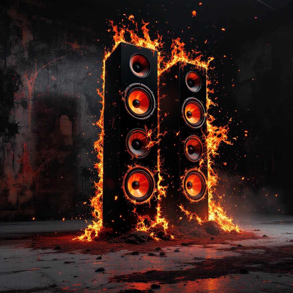 AI generated: REALISTIC multiple tall music speakers with 3 woofers on all sides ALL BACK TO BACK, WOOFERS ON ALL ...