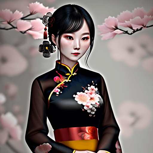 AI generated: chinese black blouse, in the style of dreamy and romantic compositions, floral explosions --ar 24:37...