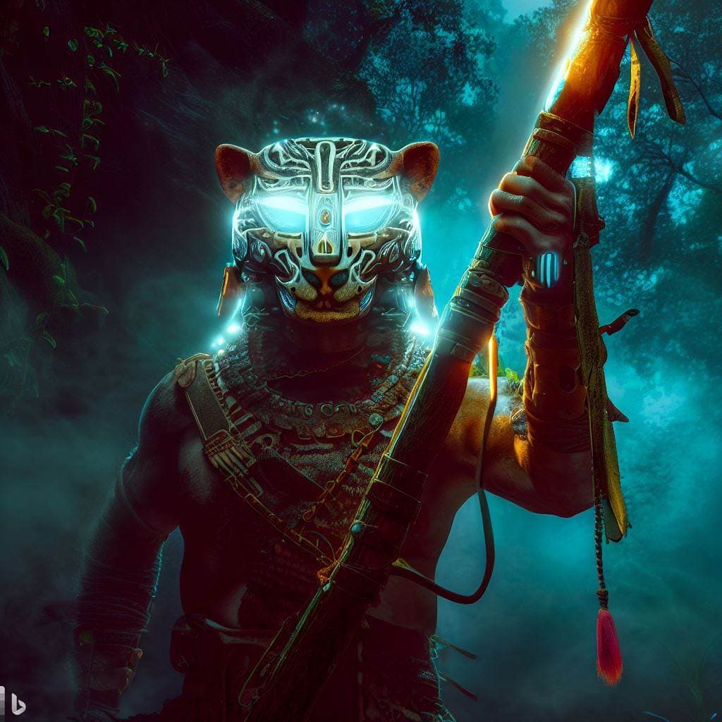 AI generated: wide-photography futuristic sci-fi mayan jaguar-mask warrior holding atlatl, imposing, lights on mas...