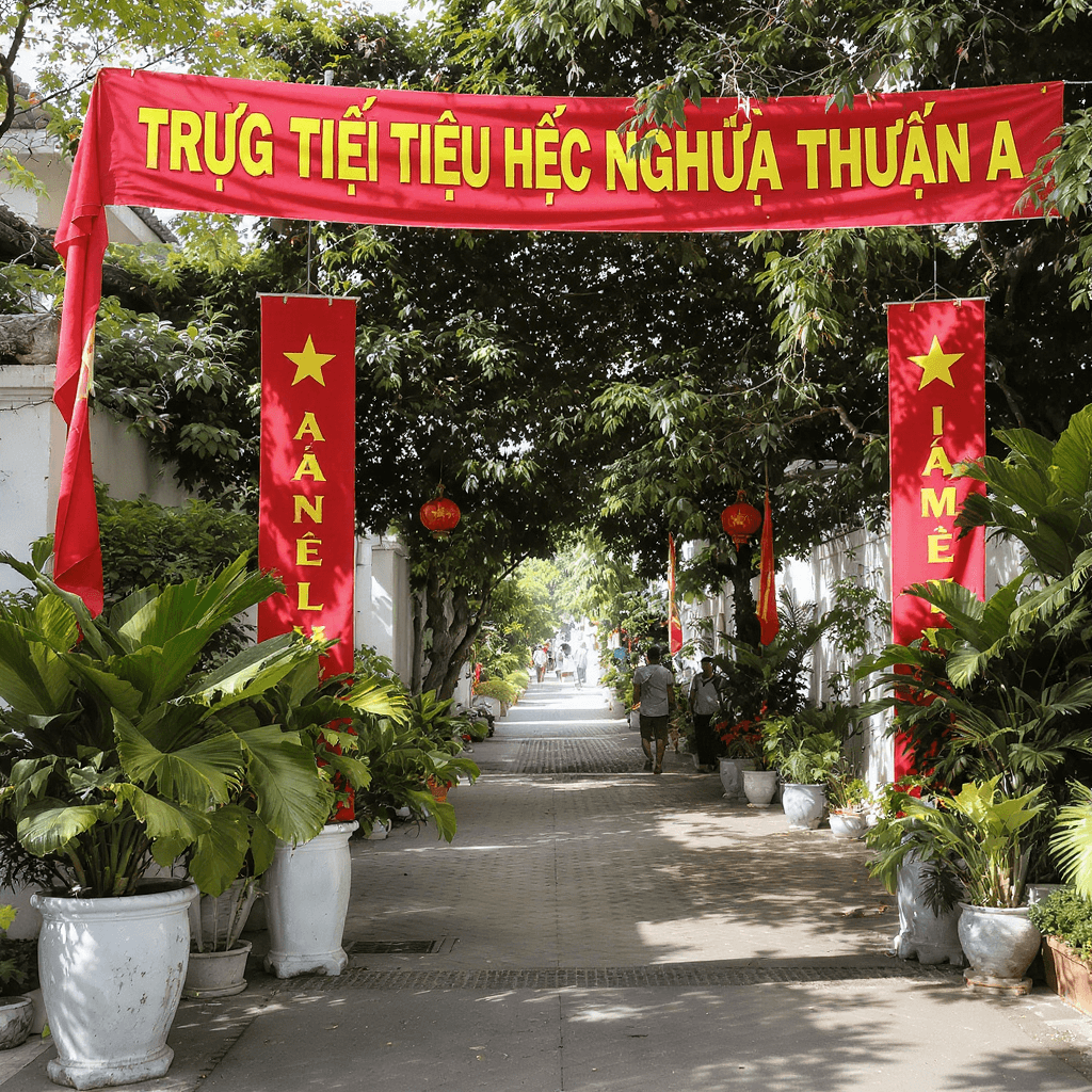AI generated: Một bức tranh hoạt hình tươi sáng và đầy màu sắc vẽ trước cổng trường mang tên "TRƯỜNG TIỂU HỌC NGHĨ...