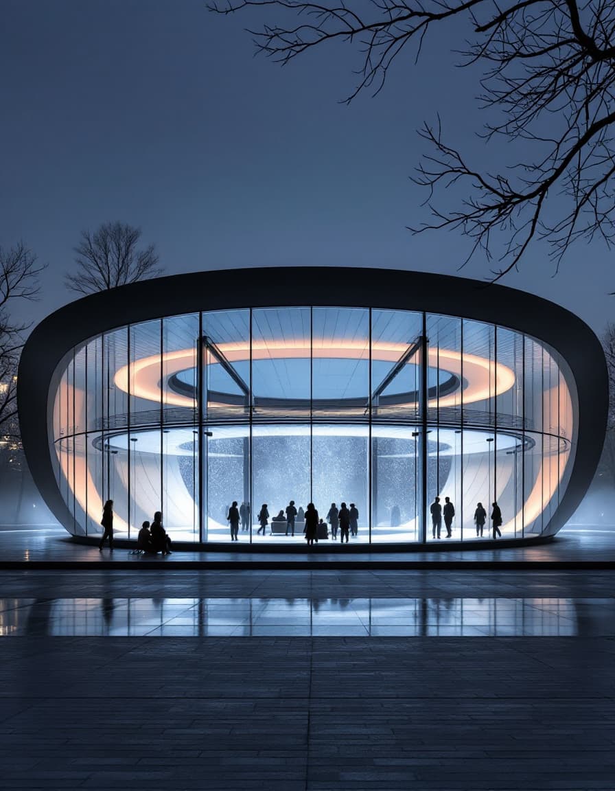 AI generated: modern minimalist architecture, contemporary pavilion design, symmetrical curved structure, panorami...