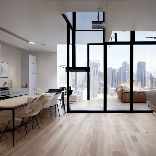 AI generated: interior design, open plan, kitchen and living room, modular furniture with cotton textiles, wooden ...