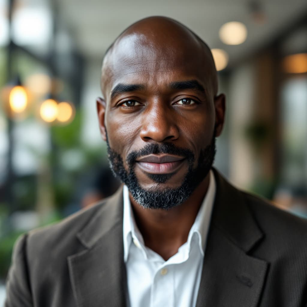 AI generated: black african middle aged balded man, CEO standing in front of the office with blurred backgroun
