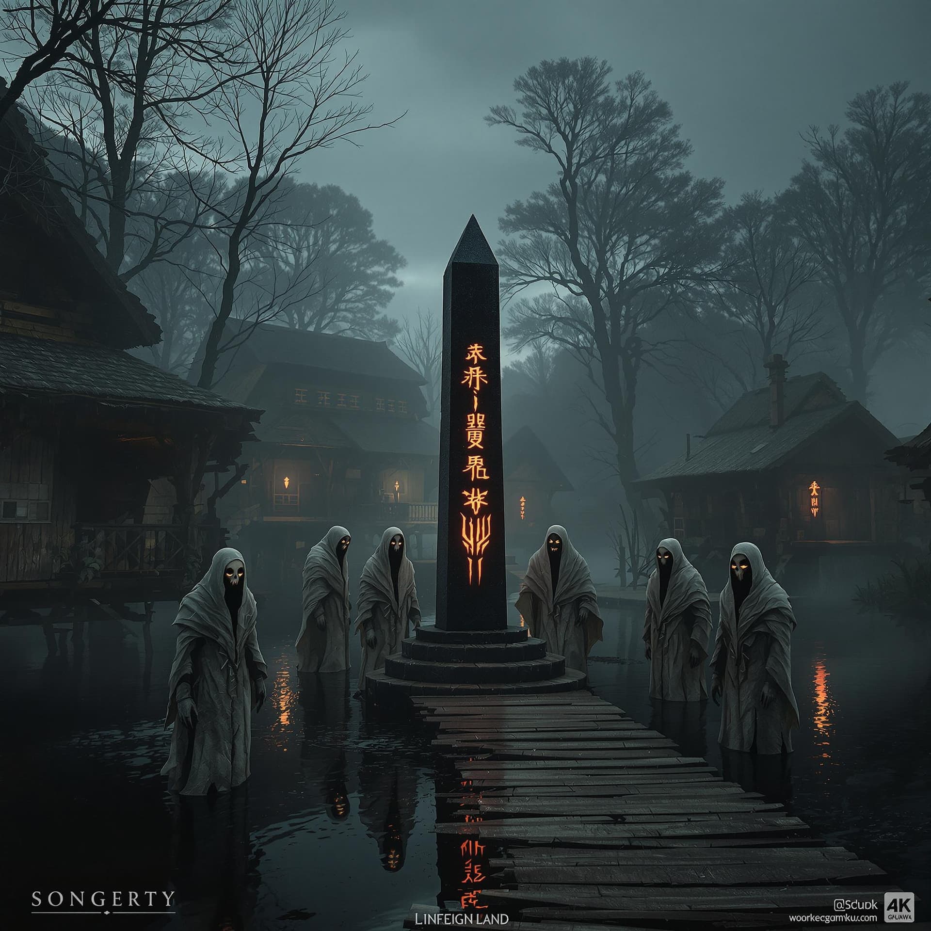 AI generated: Medieval foggy swamp village at dawn, wooden huts on stilts over black water, six mysterious figures...