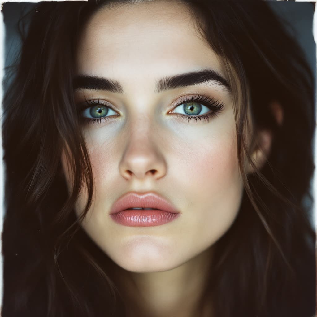 AI generated: Jennifer Connelly, lip bite, 18-21 years old, brown hair, high-quality photo portrait, shot on a Pol...