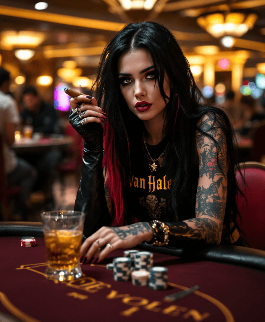 AI generated: An ultra high definition, photo shoot quality image of a Goth girl at a black jack table smoking a c...
