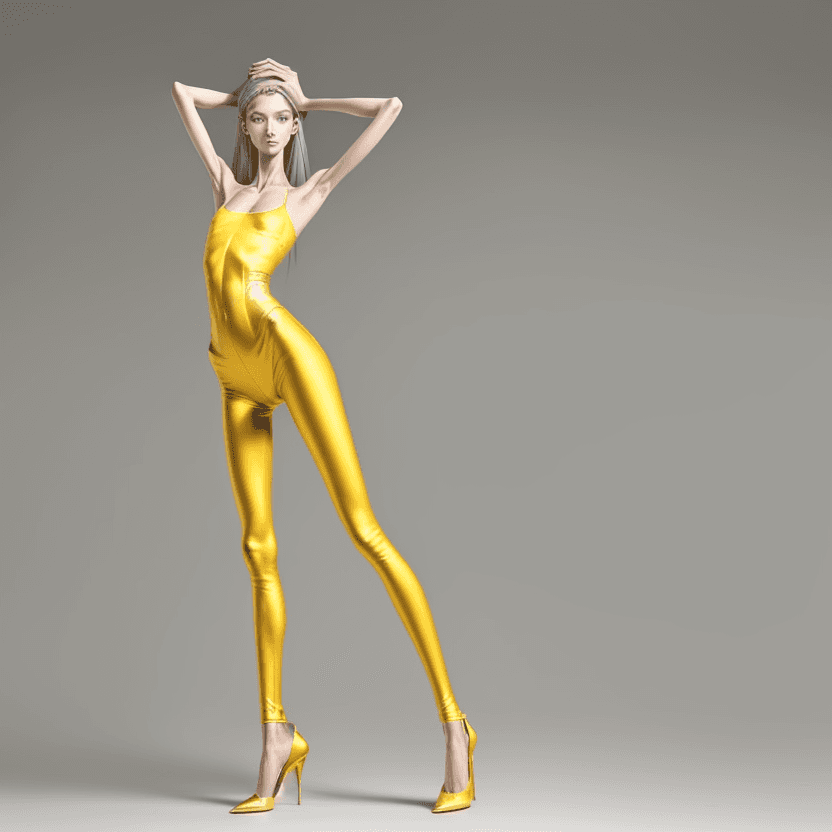 AI generated: photo of an extremely skinny, flat-chested model with extreme long and skinny legs with extreme long...