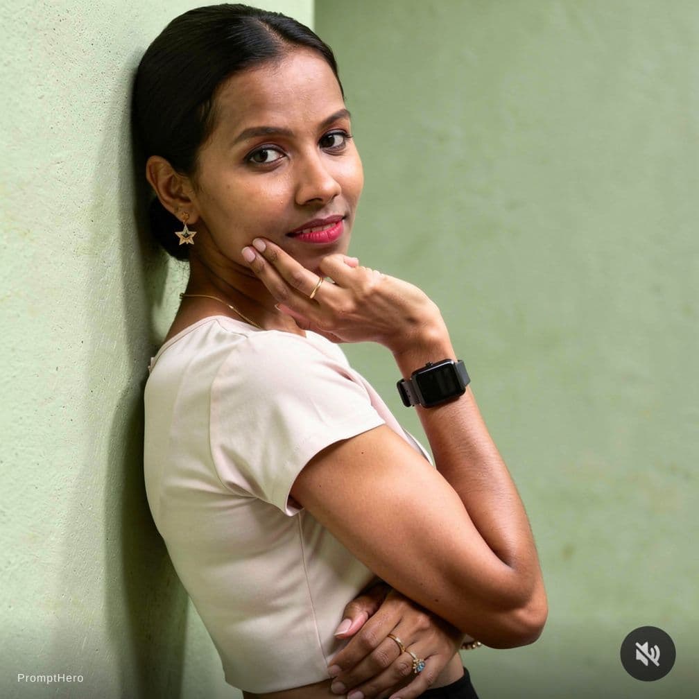 AI generated: A fit adult woman is leaning against a textured wall, her body angled slightly to the left as she re...