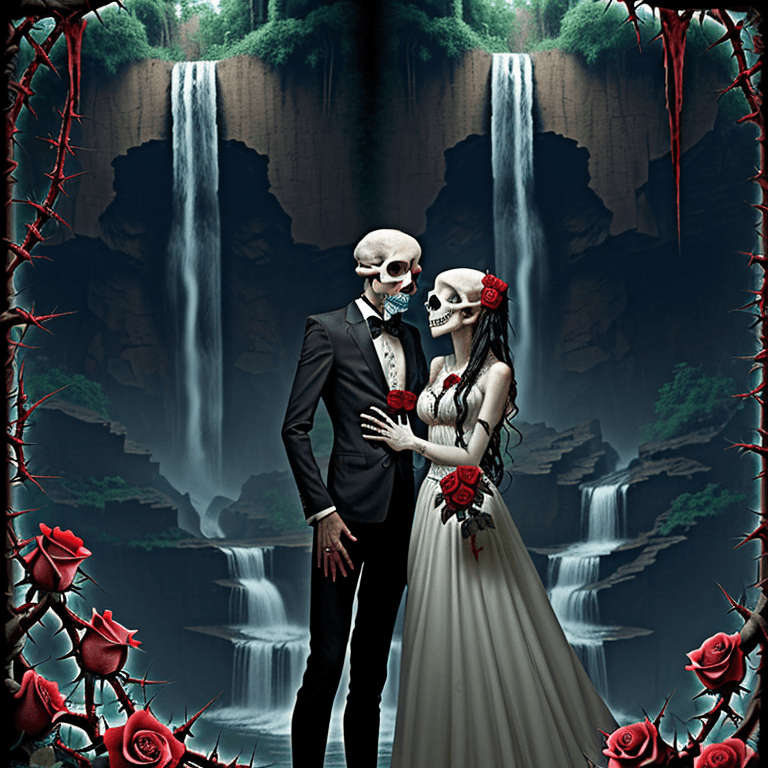AI generated: skull man and woman, standing in front of waterfall with roses and thorns, love dies in the end