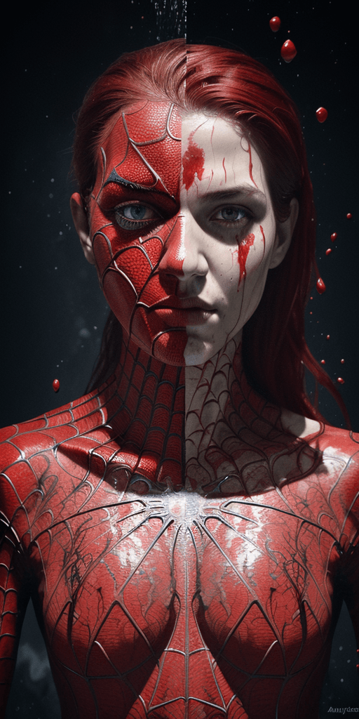 AI generated: A half body portrait of  spiderman made of blood, half body is submerged in blood, red hair depictin...