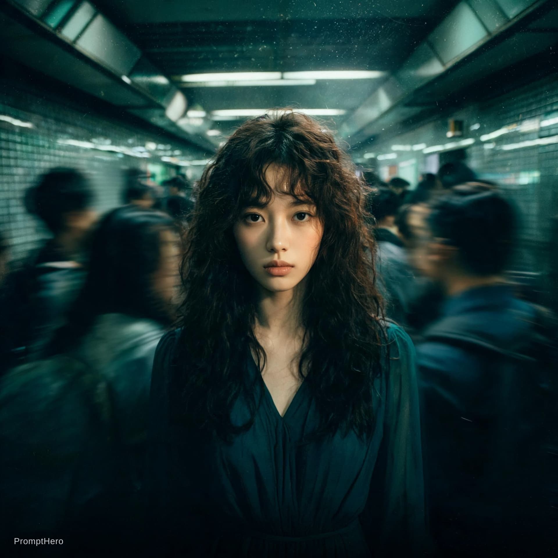 AI generated: Cinematic editorial portrait of a young women in her early twenties standing motionless at the
cente...