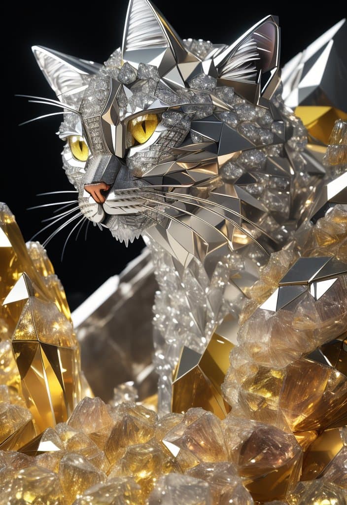 AI generated: a close up of a cat (made from a many cristal fragmrnts:1.2), (crystal cubism:1.2), with yellow eyes...