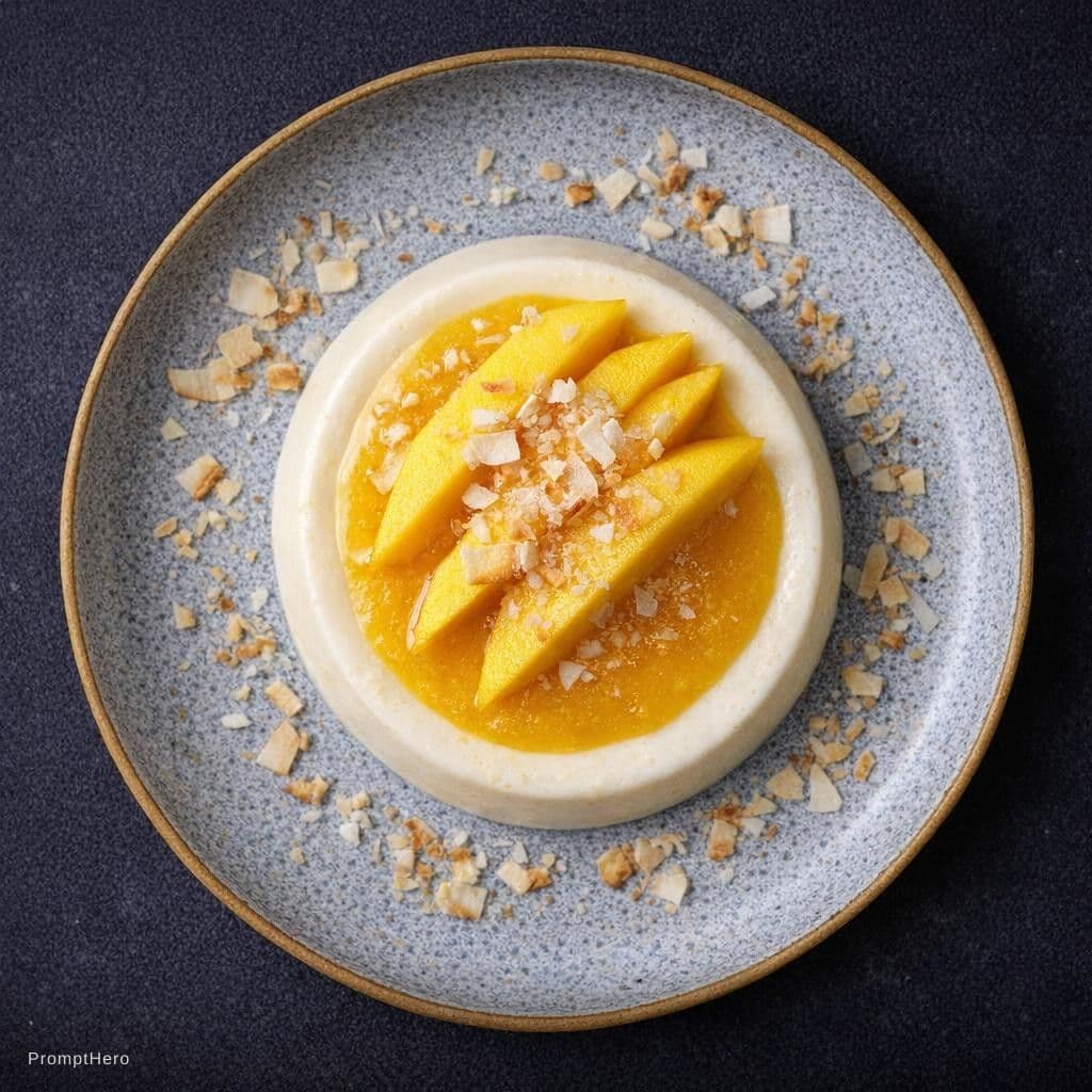 AI generated: top-view capture of an exquisite mango and coconut panna cotta on a modern ceramic plate, garnished ...
