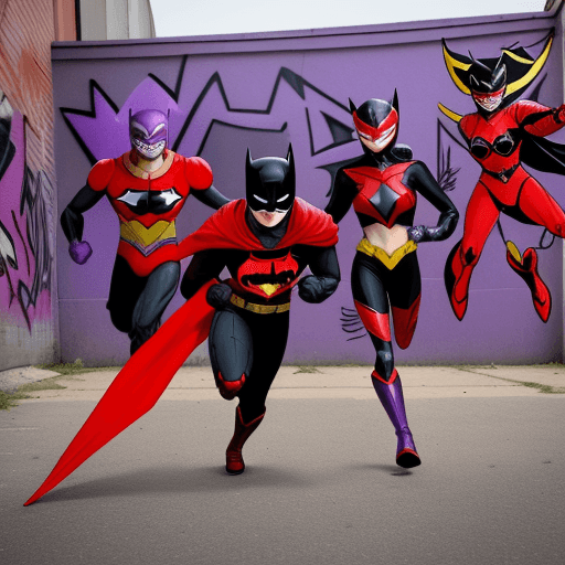 AI generated: red black batman with a red power rangers helmet and a purple and yellow robin with a purple power r...