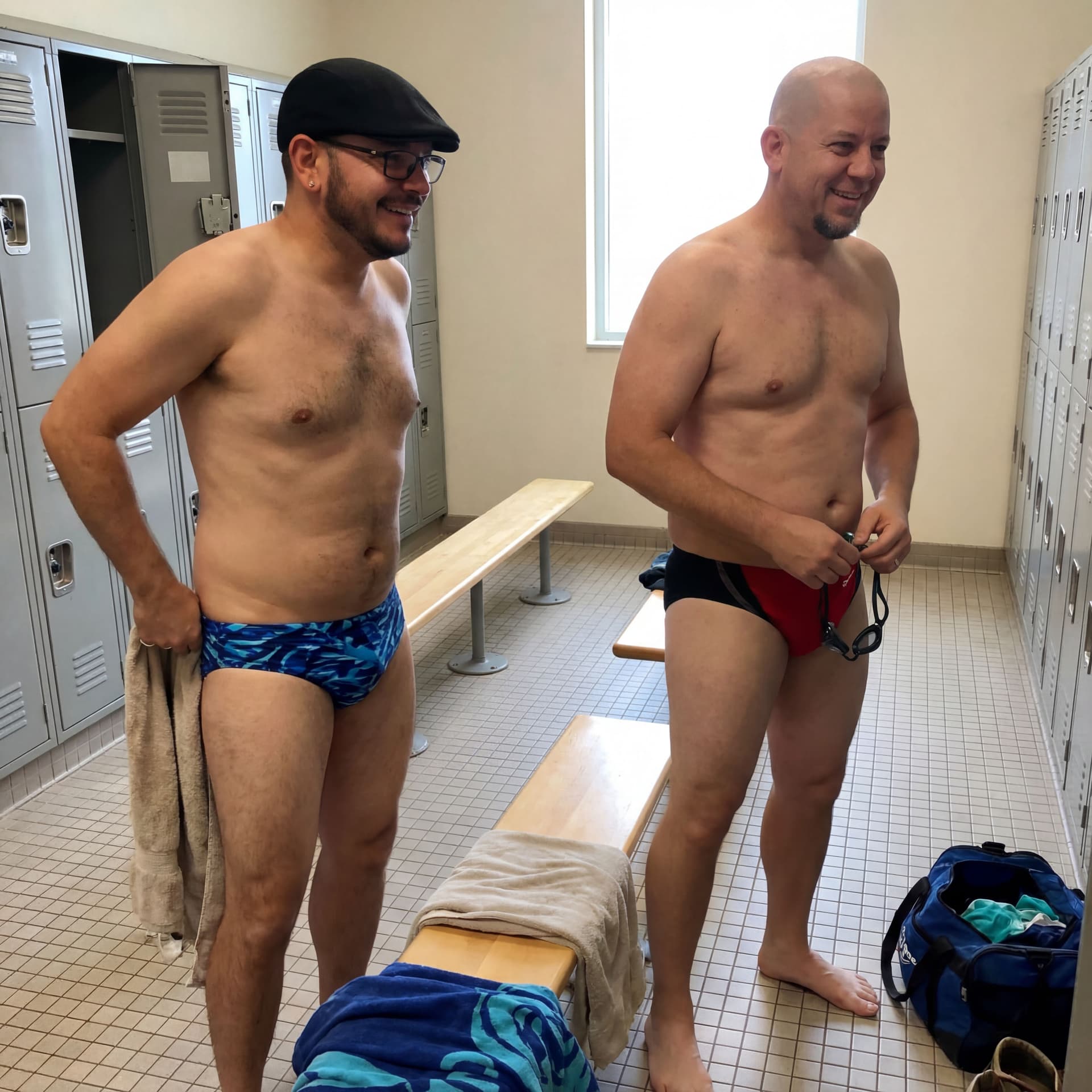 AI generated: A vivid picture of a two men getting ready to go swimming wearing speedos.