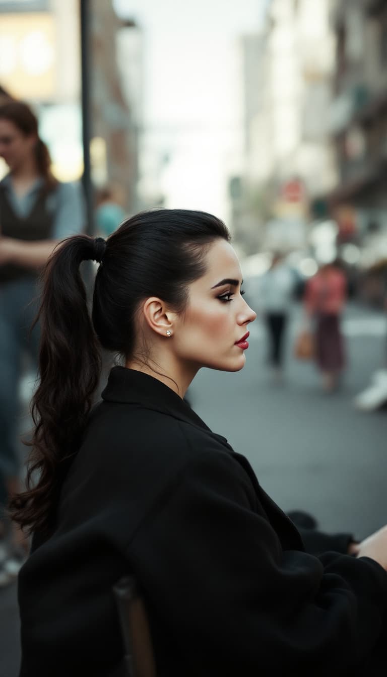 AI generated: 50's Polarized photo , Jennifer Connelly,ponytail hairstyle, feeling.