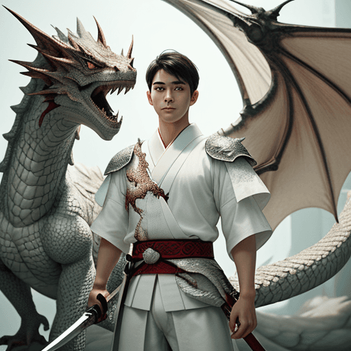 AI generated: A young man, 25 years old, holding a sword, dressed in traditional Japanese white attire, with a coo...