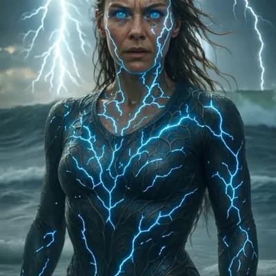 AI generated video: A 10-second IMAX cinematic sequence of Thor Katla waist-deep in a storm-tossed ocean, her eyes begin...