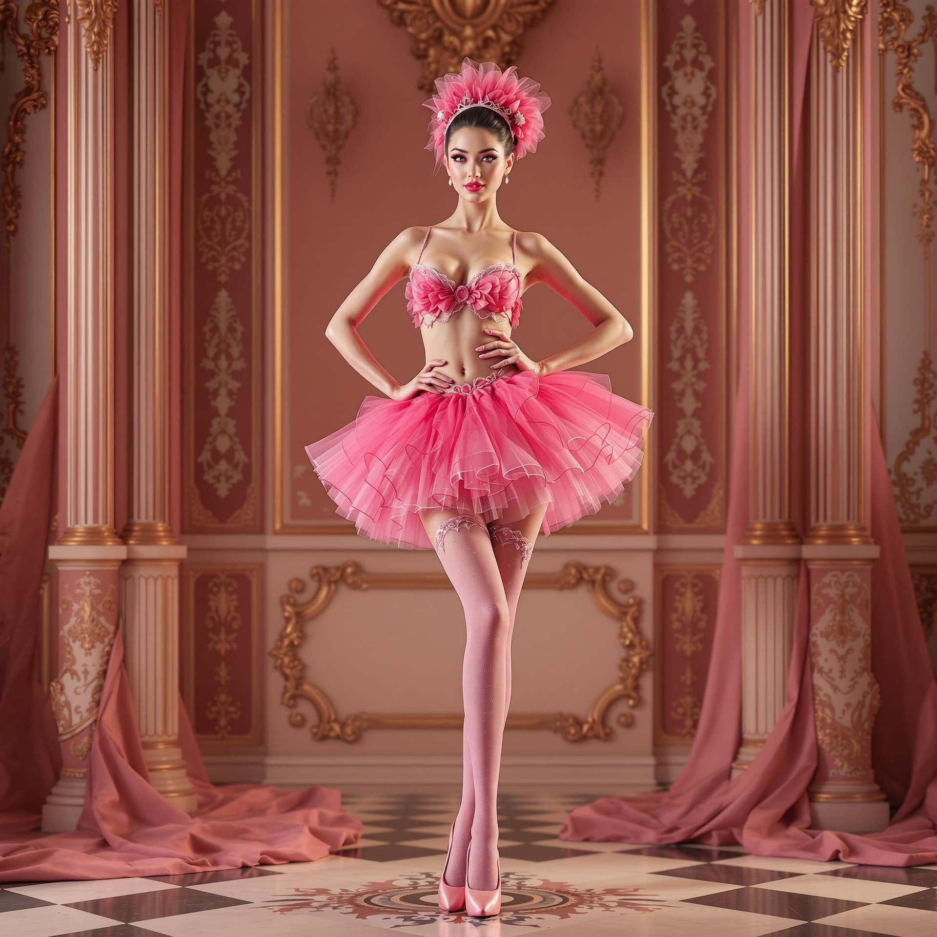 AI generated: 3D render of a woman wearing a vibrant pink tutu and matching stockings, striking a playful pose wit...