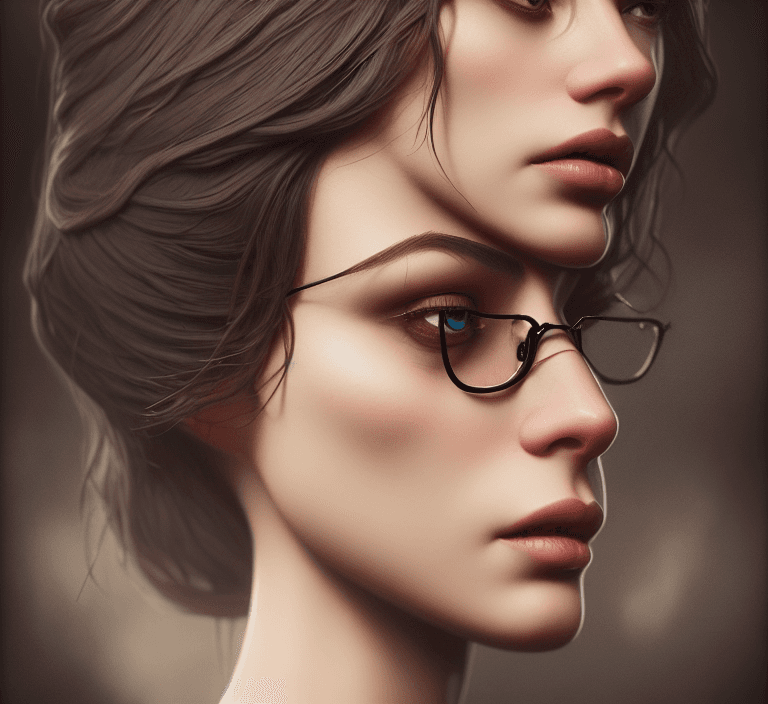 AI generated: a real perfect female body of beautiful brunette, glasses, perfect face, intricate, elegant, highly ...