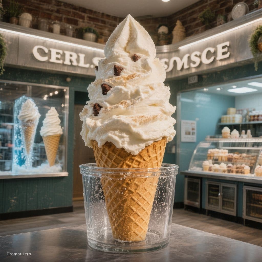 AI generated: INSIDE A ICE CREM STORE, A HUGE ICE CREAM CONE IS PLACED INSIDE A SECURE STORE THE MIDDLE OF THE ICE...