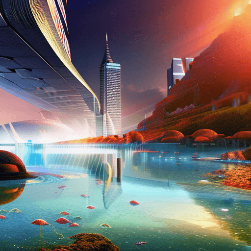 AI generated: surreal atmosphere, city, future, sci-fi, epic fantasy photo, city illuminated by a red and blue lig...