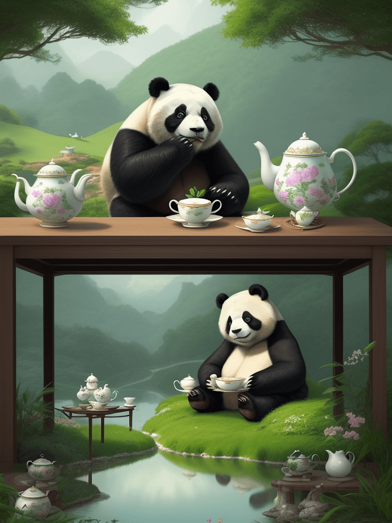 AI generated: /imagine prompt: Craft an enchanting image featuring a giant panda enjoying a serene afternoon tea b...