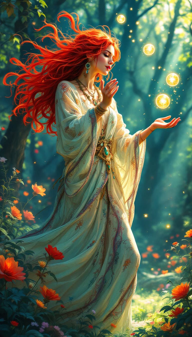 AI generated: A captivating and intricately detailed drawing of a vibrant-haired sorceress, emanating a playful en...