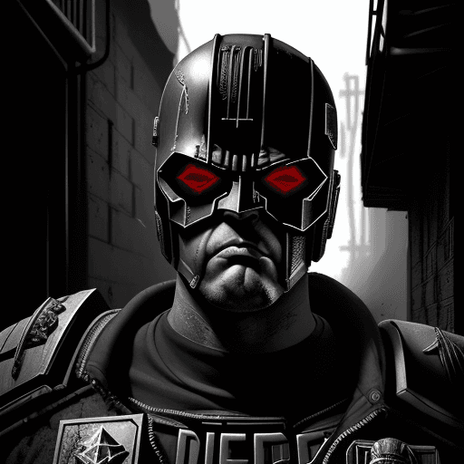 AI generated: Judge Dredd, in a dark alley. Hyperrealism, 8k UHD, noir, gritty, absurdres, masterwork, masterpiece...