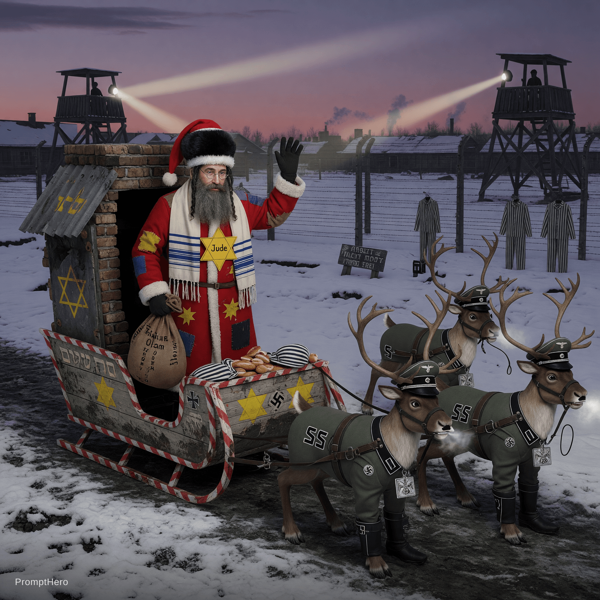 AI generated: papa noel judío saliendo en un campo de concentración , los renos son nazis