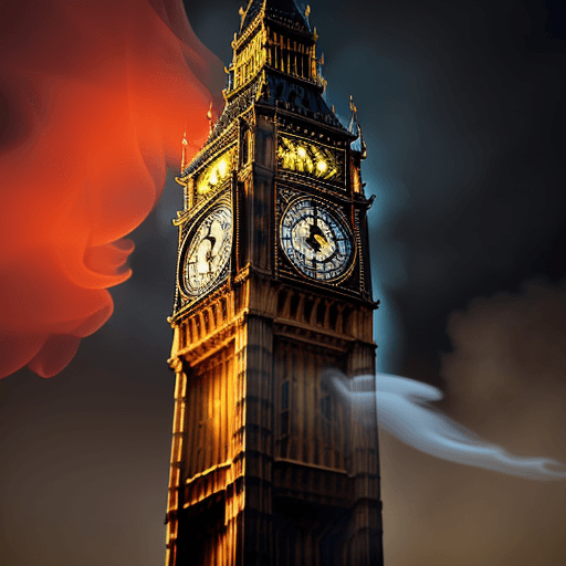 AI generated: big ben burning, glowing flames coming out, bursting tower, smoke, 4k
