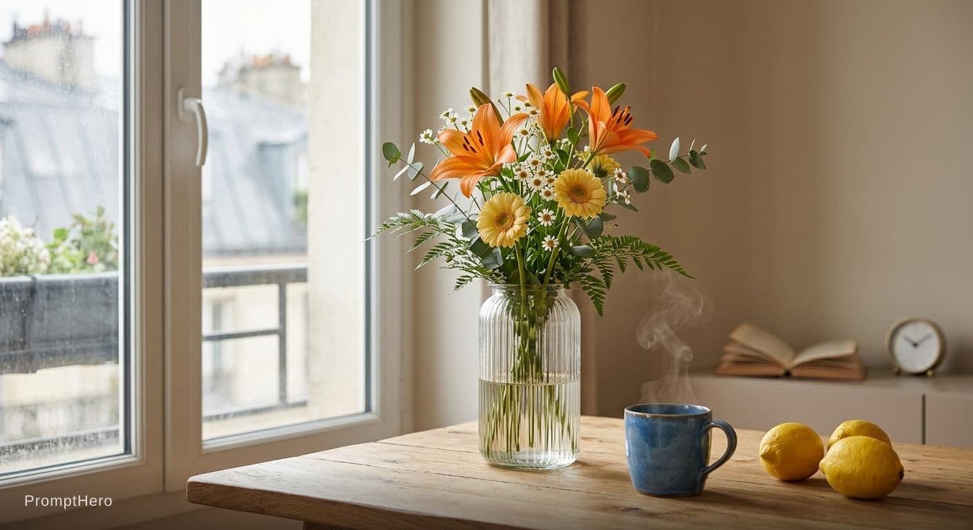 AI generated: Modern still life scene on a natural wooden surface. A transparent vertically ribbed glass vase hold...